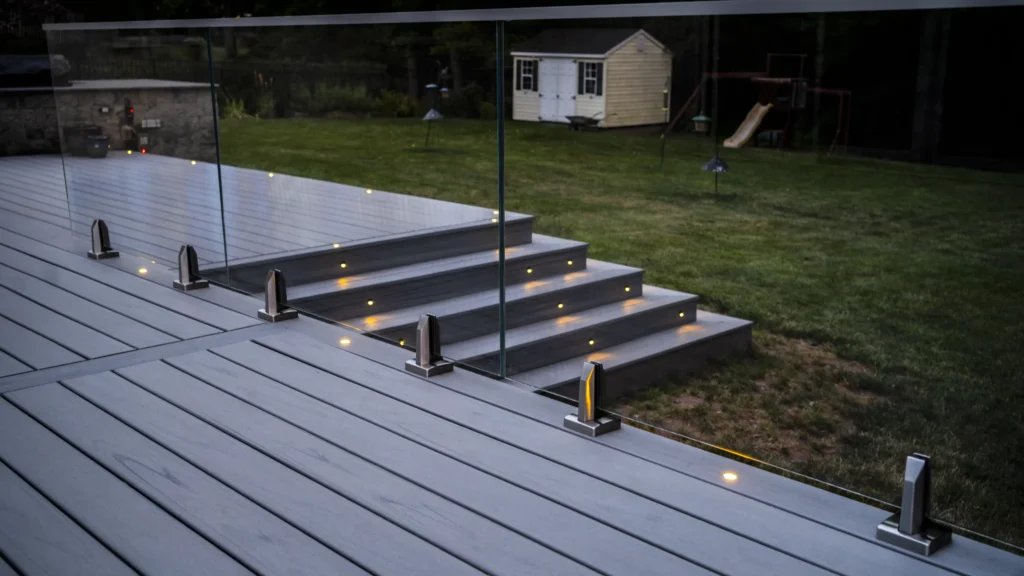Dark composite deck with glass railings, built-in LED step lighting, and stairs at dusk